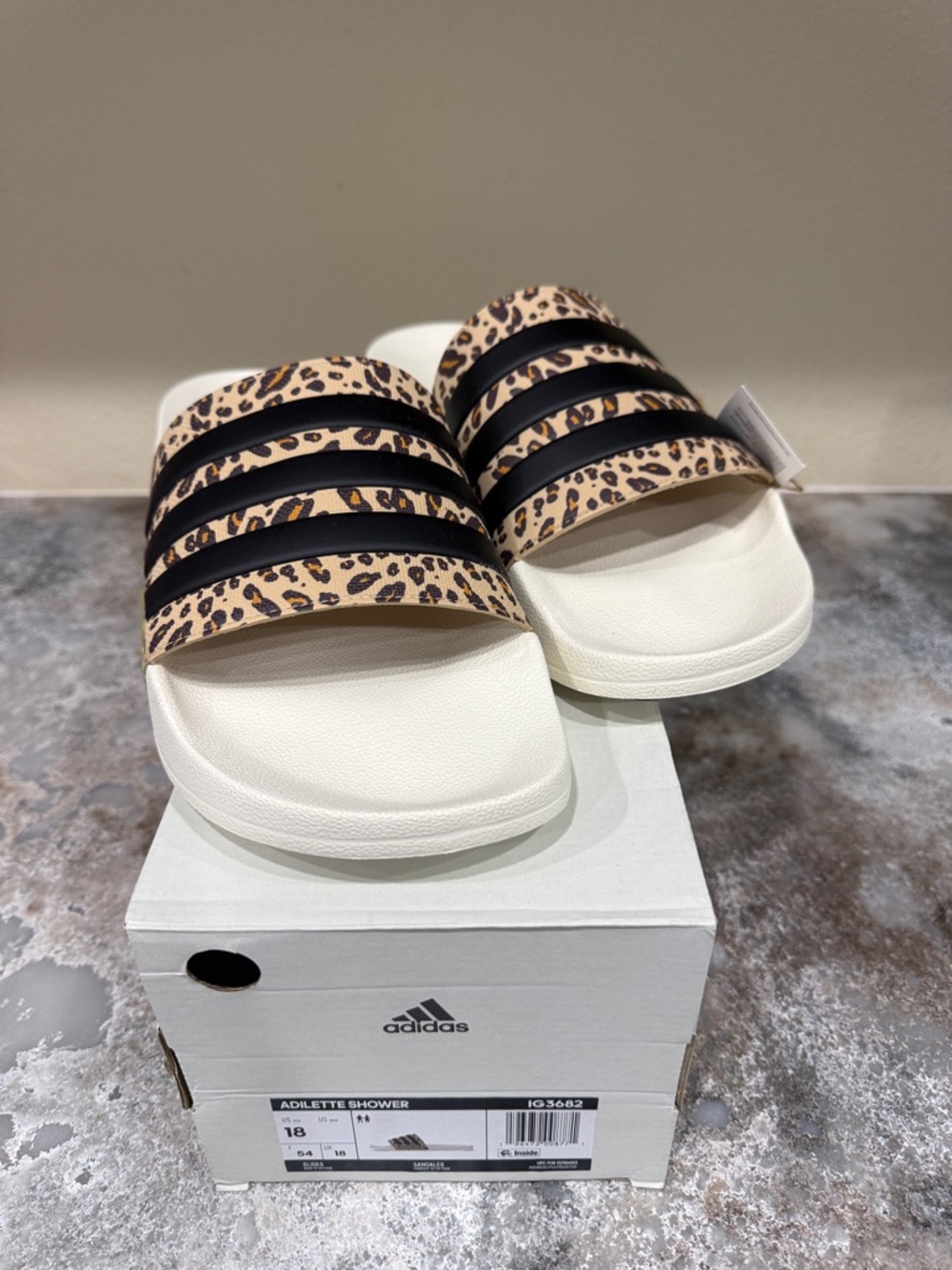 adidas White Slides with Leopard Straps